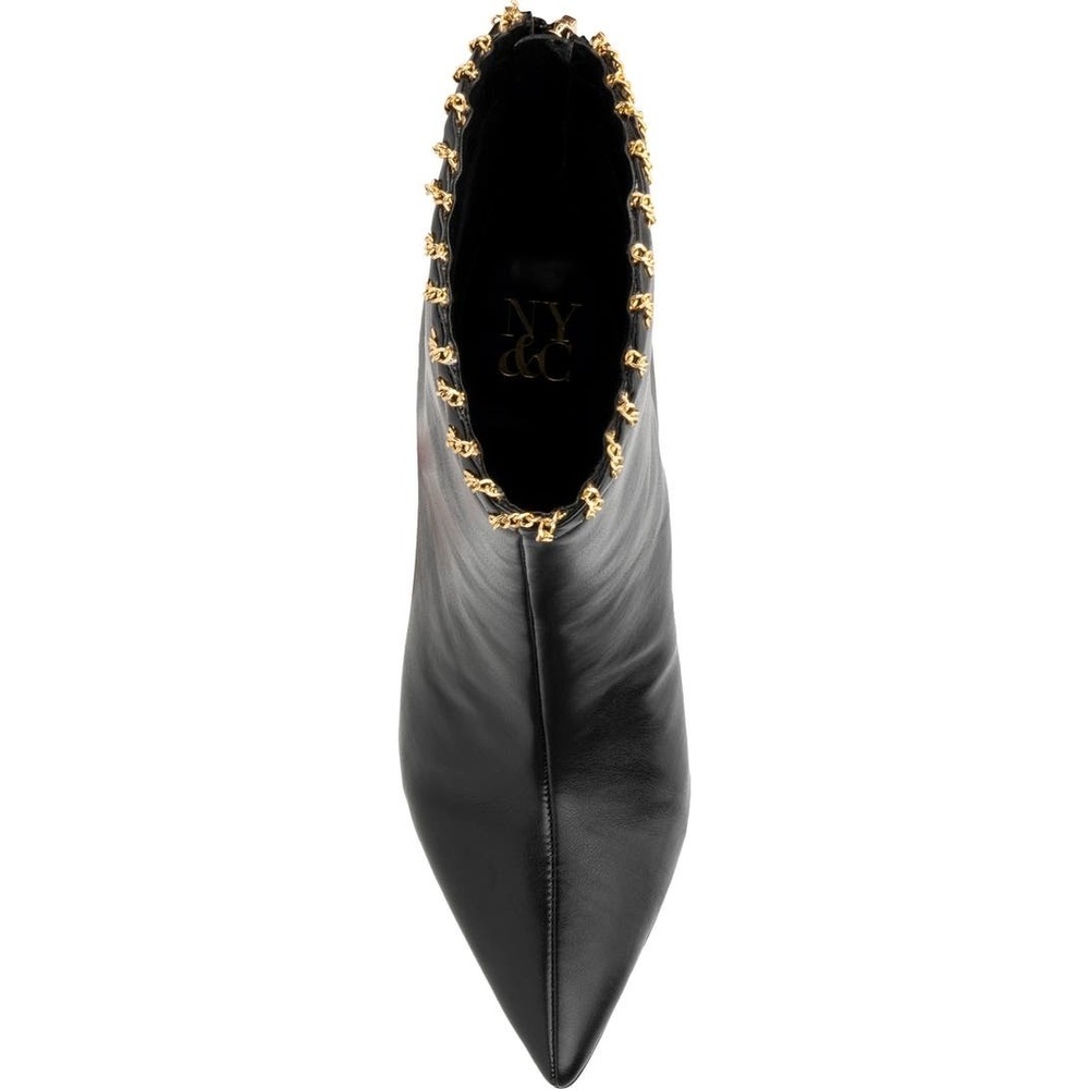 NY Collection Black Pointed Toe‎ Stiletto Heel Ankle Booties Gold Chain Trim 8.5 - Picture 5 of 14